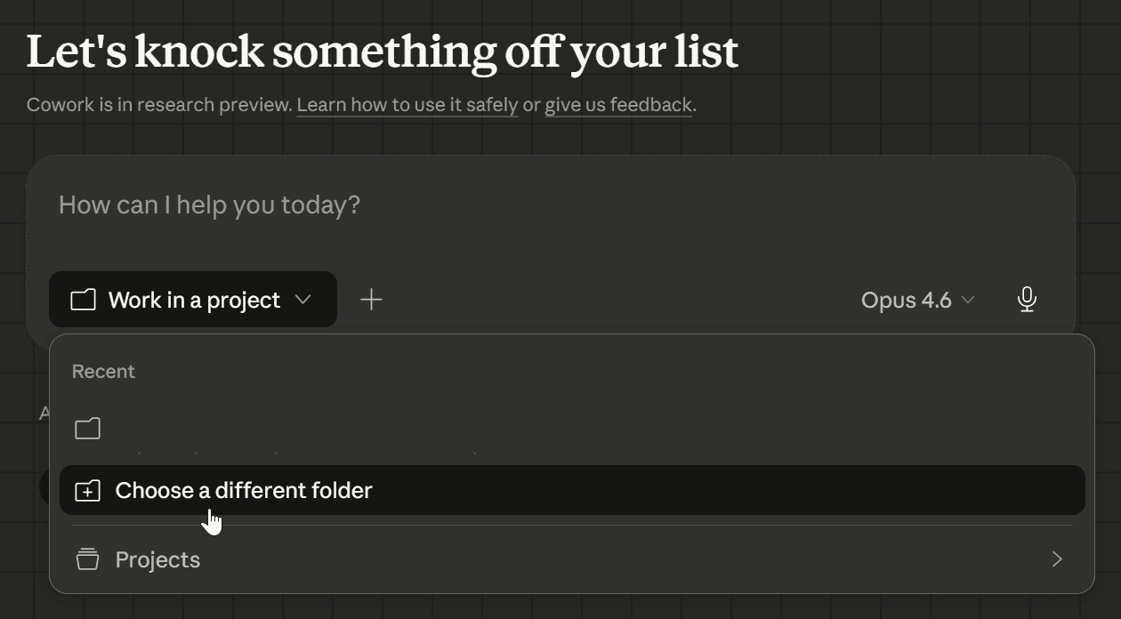 Pantalla de Cowork mostrando la selección de carpeta de trabajo