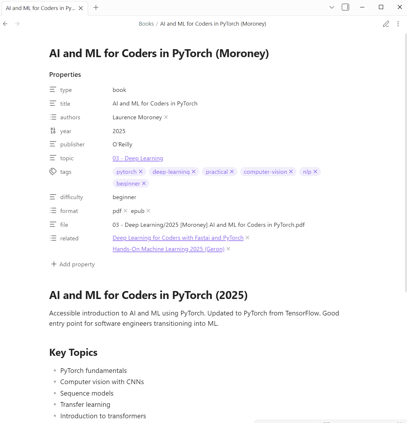 Una nota de libro abierta en Obsidian, mostrando el YAML y el cuerpo