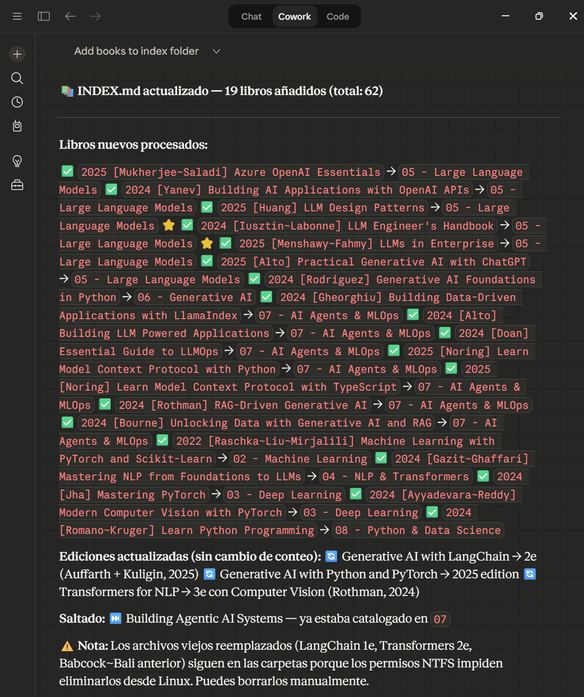 El resumen final que genera Claude con todos los libros procesados