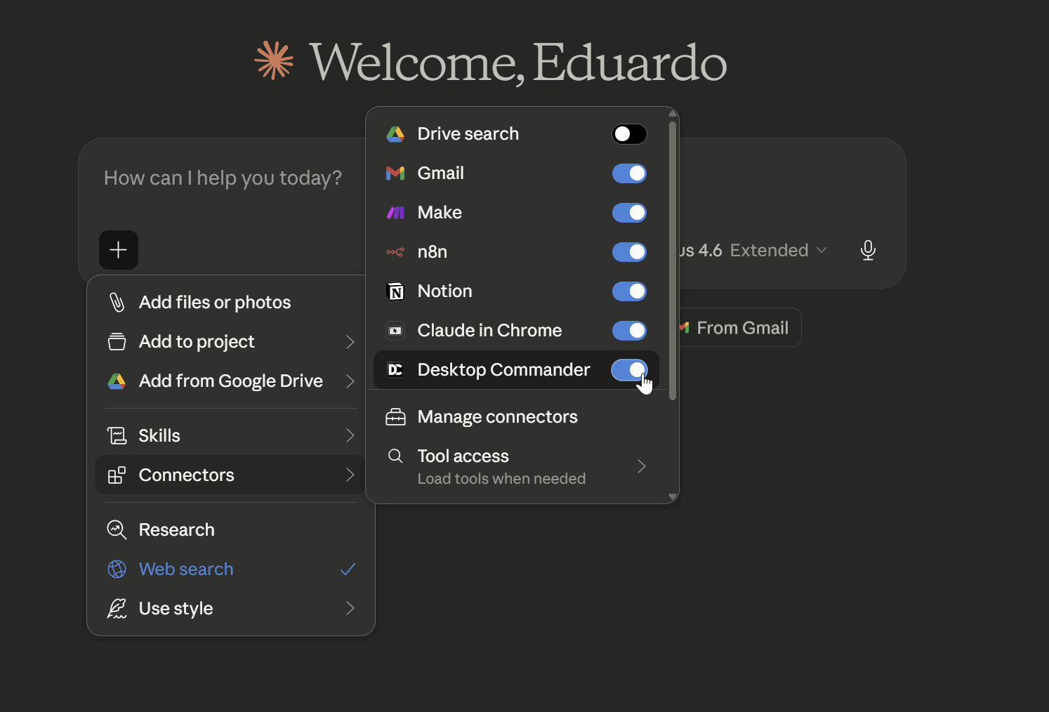 Interfaz de Claude chat con Desktop Commander activo, mostrando confirmación de acceso a archivos locales