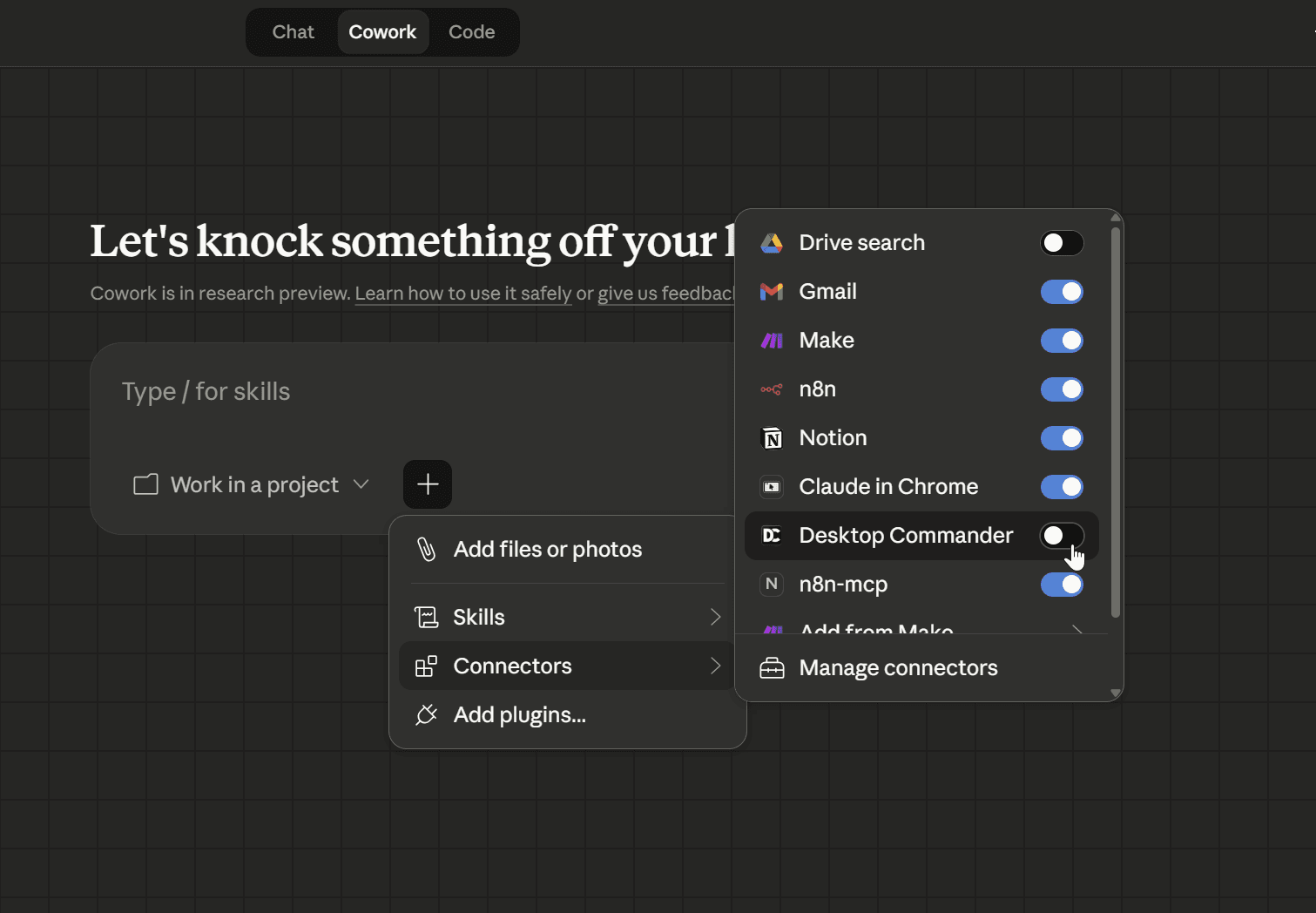 Pantalla de configuración de Cowork mostrando la sección de Conectores con Desktop Commander desactivado